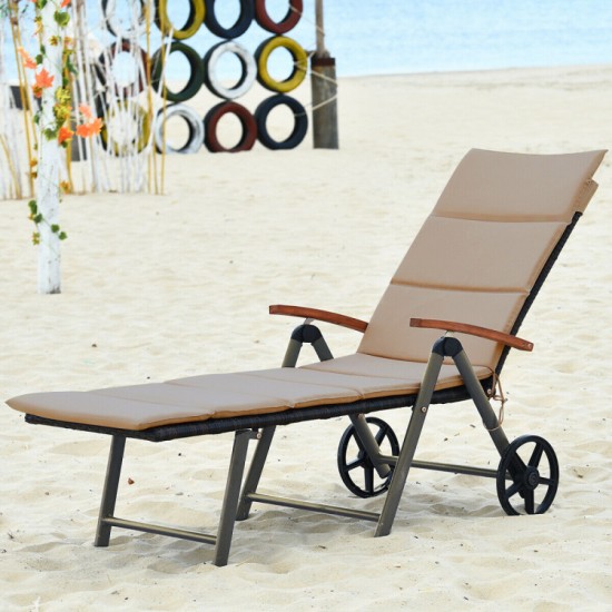 Honhorrs Aluminum Folding Patio Chaise, Seven Recline Settings with Rattan, Cushion and Two Wheels