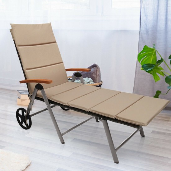 Honhorrs Aluminum Folding Patio Chaise, Seven Recline Settings with Rattan, Cushion and Two Wheels