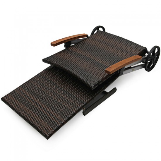Honhorrs Aluminum Folding Patio Chaise, Seven Recline Settings with Rattan, Cushion and Two Wheels
