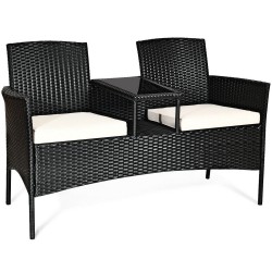 XVX Wicker Patio Conversation Furniture with Curved Backs, Zippered Cushions and Glass Table