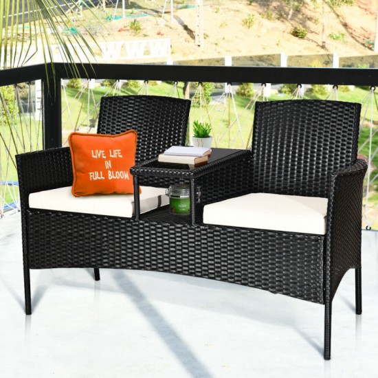 Honhorrs Wicker Patio Conversation Furniture with Curved Backs, Zippered Cushions and Glass Table