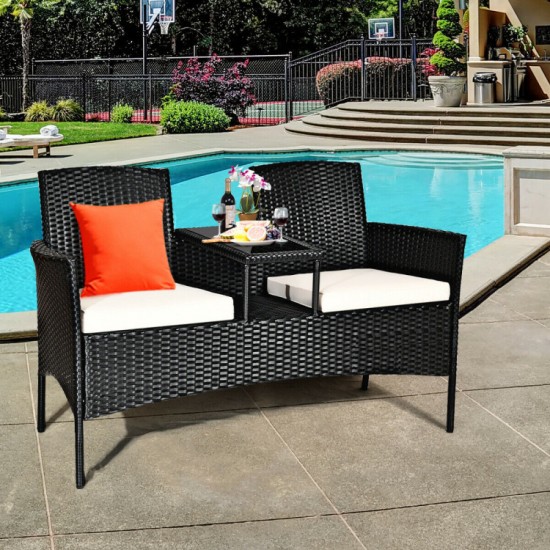 Honhorrs Wicker Patio Conversation Furniture with Curved Backs, Zippered Cushions and Glass Table