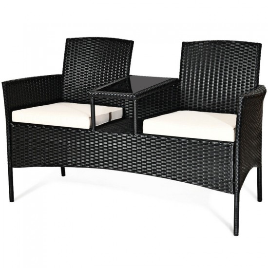 Honhorrs Wicker Patio Conversation Furniture with Curved Backs, Zippered Cushions and Glass Table