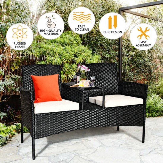Honhorrs Wicker Patio Conversation Furniture with Curved Backs, Zippered Cushions and Glass Table