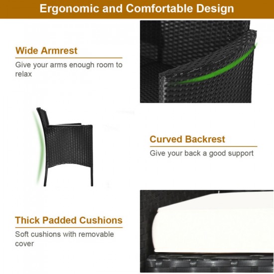 Honhorrs Wicker Patio Conversation Furniture with Curved Backs, Zippered Cushions and Glass Table