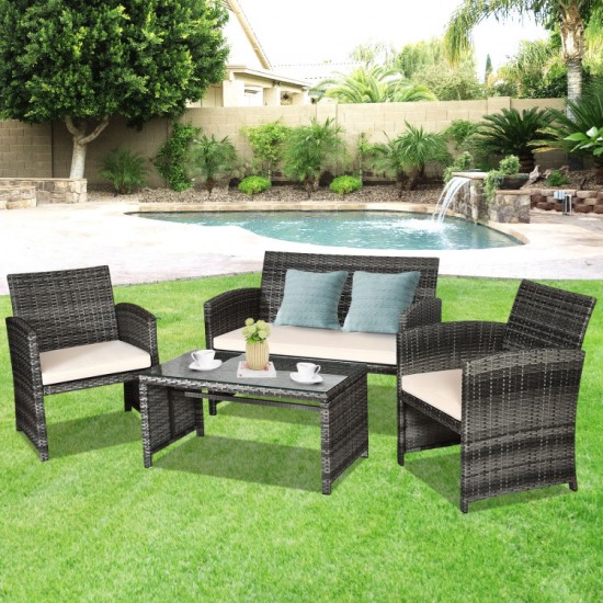 Honhorrs Four-Piece Wicker Patio Set, Loveseat and Armchairs with a Tempered Glass Coffee Table