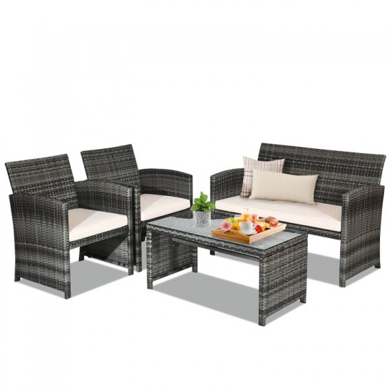 Honhorrs Four-Piece Wicker Patio Set, Loveseat and Armchairs with a Tempered Glass Coffee Table