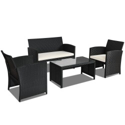 XVX Four-Piece PE Wicker Patio Seating, Zippered Cushions with Steel Frames and Glass Table