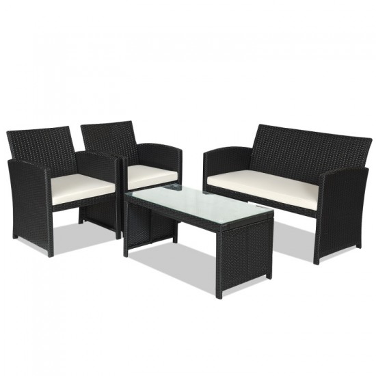 Honhorrs Four-Piece PE Wicker Patio Seating, Zippered Cushions with Steel Frames and Glass Table
