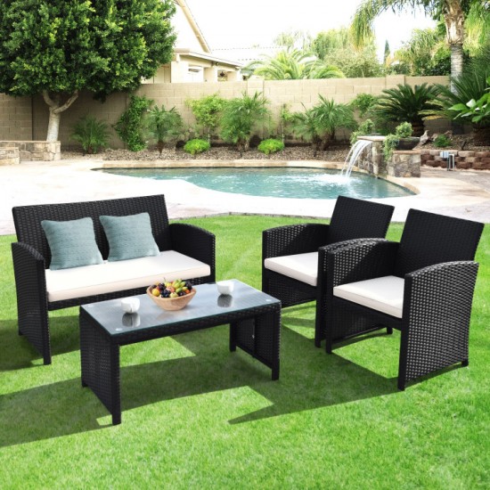 Honhorrs Four-Piece PE Wicker Patio Seating, Zippered Cushions with Steel Frames and Glass Table