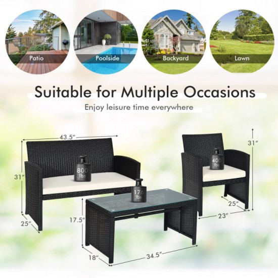 Honhorrs Four-Piece PE Wicker Patio Seating, Zippered Cushions with Steel Frames and Glass Table