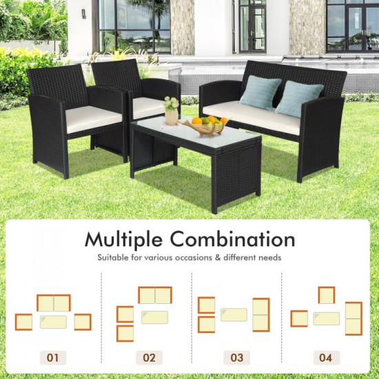 Honhorrs Four-Piece PE Wicker Patio Seating, Zippered Cushions with Steel Frames and Glass Table