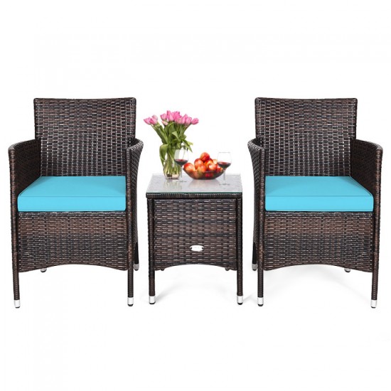 Honhorrs Wicker Patio Seating for Two, Cushioned Armchairs and Glass-Top Table in a Three-Piece Set