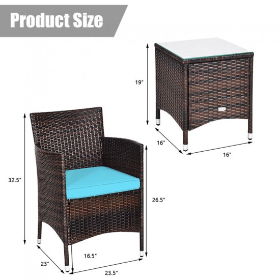 Honhorrs Wicker Patio Seating for Two, Cushioned Armchairs and Glass-Top Table in a Three-Piece Set