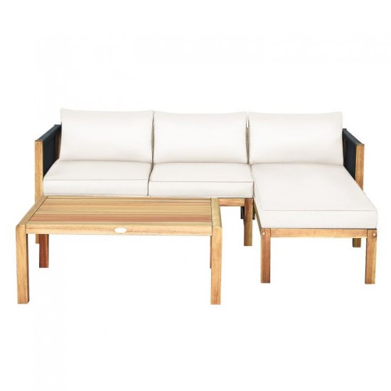 Honhorrs Three-Piece Acacia Patio Sofa Set, Rope Armrest Detail and Removable Seat and Back Cushions