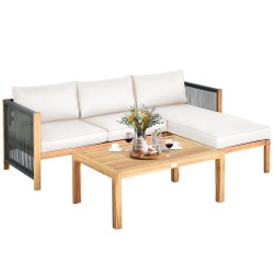 XVX Three-Piece Acacia Patio Sofa Set, Rope Armrest Detail and Removable Seat and Back Cushions