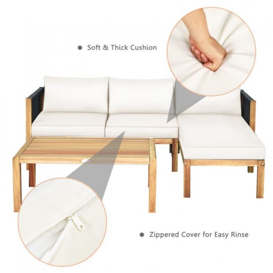 Honhorrs Three-Piece Acacia Patio Sofa Set, Rope Armrest Detail and Removable Seat and Back Cushions