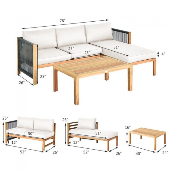 Honhorrs Three-Piece Acacia Patio Sofa Set, Rope Armrest Detail and Removable Seat and Back Cushions