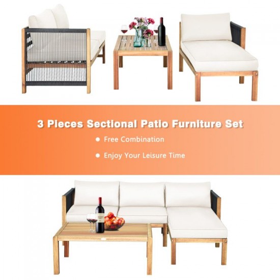 Honhorrs Three-Piece Acacia Patio Sofa Set, Rope Armrest Detail and Removable Seat and Back Cushions