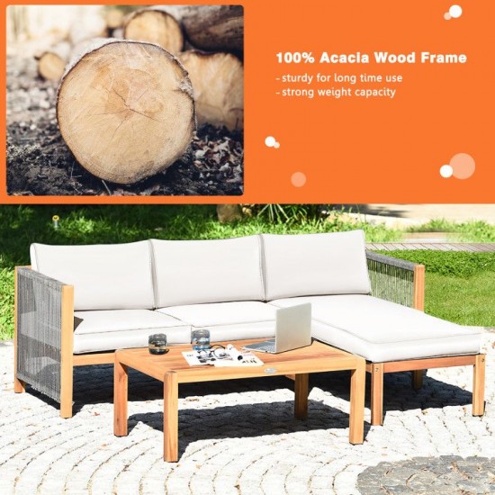 Honhorrs Three-Piece Acacia Patio Sofa Set, Rope Armrest Detail and Removable Seat and Back Cushions