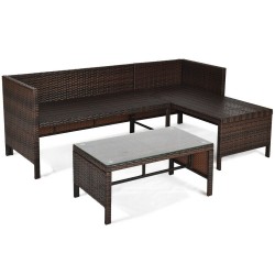 XVX Three-Piece L-Shaped Patio Sofa Set, Wicker Seating with Cushions and a Glass Coffee Table