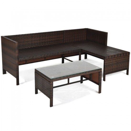 Honhorrs Three-Piece L-Shaped Patio Sofa Set, Wicker Seating with Cushions and a Glass Coffee Table