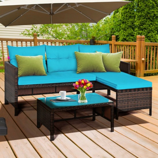Honhorrs Three-Piece L-Shaped Patio Sofa Set, Wicker Seating with Cushions and a Glass Coffee Table