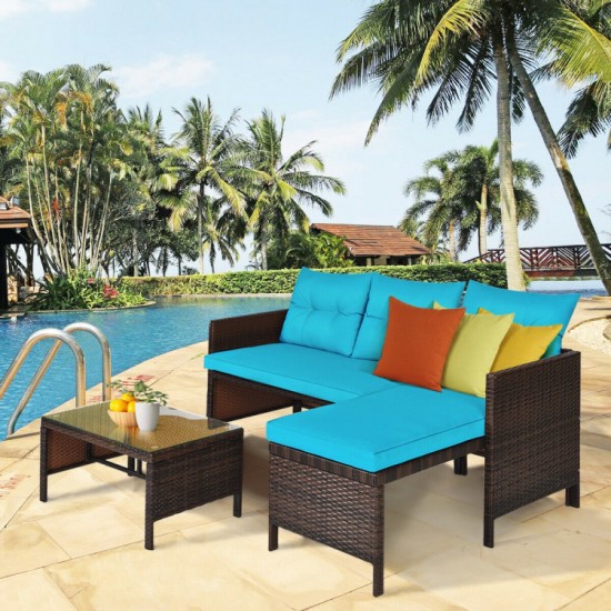 Honhorrs Three-Piece L-Shaped Patio Sofa Set, Wicker Seating with Cushions and a Glass Coffee Table