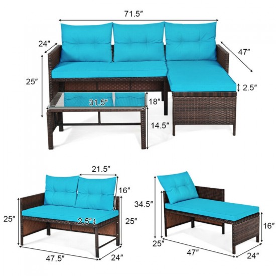 Honhorrs Three-Piece L-Shaped Patio Sofa Set, Wicker Seating with Cushions and a Glass Coffee Table