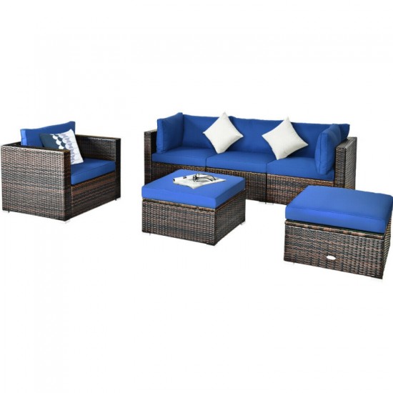 Honhorrs Six-Piece Wicker Patio Set, Modular Sofa Seating and Ottoman with Glass Table and Cushions