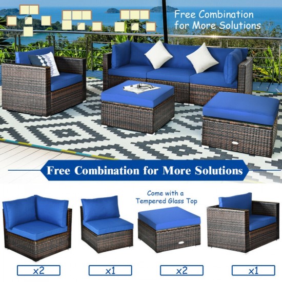 Honhorrs Six-Piece Wicker Patio Set, Modular Sofa Seating and Ottoman with Glass Table and Cushions