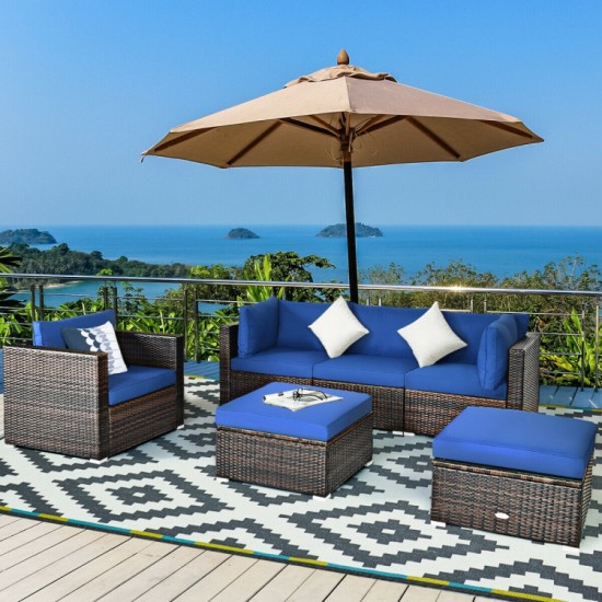 Honhorrs Six-Piece Wicker Patio Set, Modular Sofa Seating and Ottoman with Glass Table and Cushions