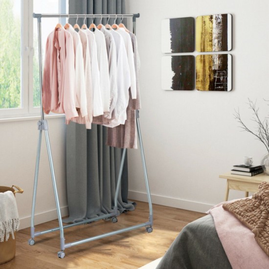 Adjustable Folding Clothes Rack by Honhorrs, Metal Hanging Rod, Triangular Base and Lockable Casters