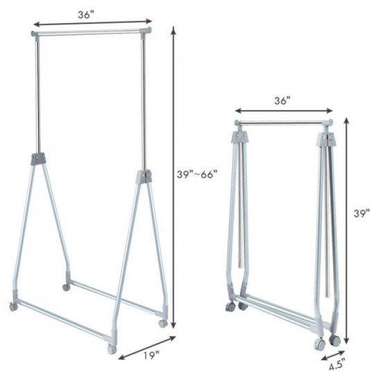Adjustable Folding Clothes Rack by Honhorrs, Metal Hanging Rod, Triangular Base and Lockable Casters