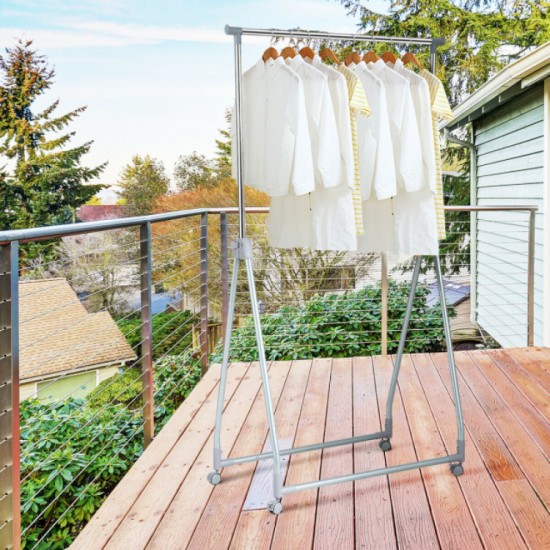 Adjustable Folding Clothes Rack by Honhorrs, Metal Hanging Rod, Triangular Base and Lockable Casters
