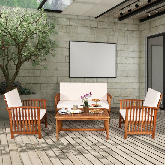Honhorrs Four-Piece Acacia Patio Set, Two Chairs, Loveseat and Coffee Table with Removable Cushions