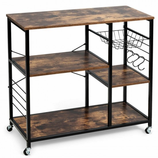 Honhorrs Rolling Industrial Baker's Rack, Three Storage Levels with Mesh Basket and Three S-Hooks