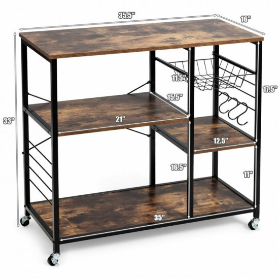 Honhorrs Rolling Industrial Baker's Rack, Three Storage Levels with Mesh Basket and Three S-Hooks