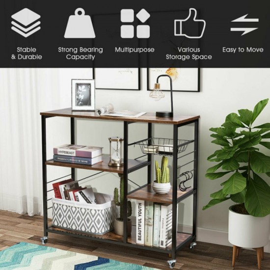 Honhorrs Rolling Industrial Baker's Rack, Three Storage Levels with Mesh Basket and Three S-Hooks