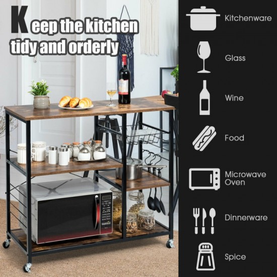 Honhorrs Rolling Industrial Baker's Rack, Three Storage Levels with Mesh Basket and Three S-Hooks