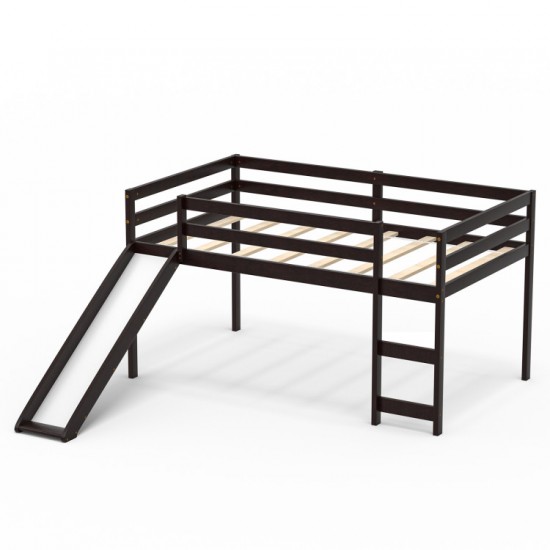 Honhorrs Low Twin Loft Bed Frame with Slide, Ladder, Guardrails and Open Space Beneath the Bed