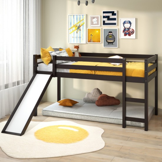 Honhorrs Low Twin Loft Bed Frame with Slide, Ladder, Guardrails and Open Space Beneath the Bed