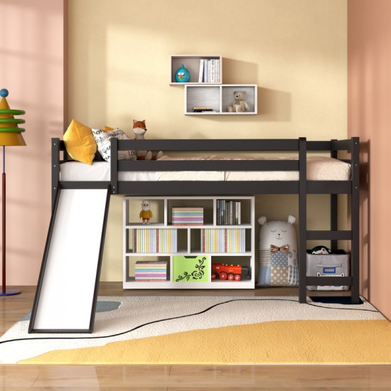 Honhorrs Low Twin Loft Bed Frame with Slide, Ladder, Guardrails and Open Space Beneath the Bed