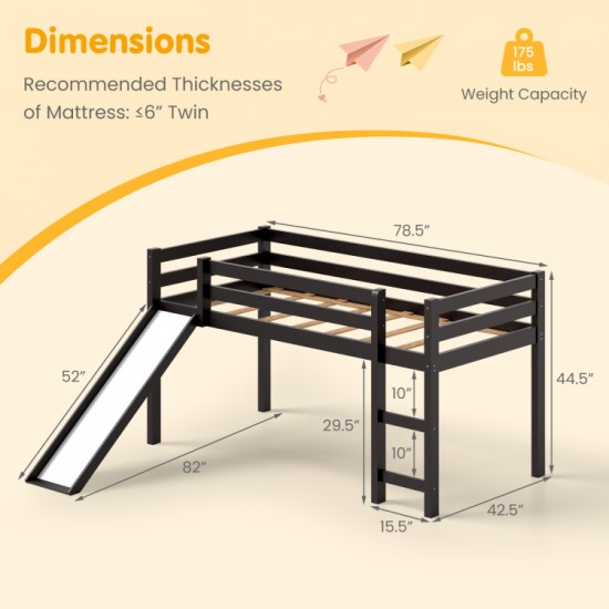Honhorrs Low Twin Loft Bed Frame with Slide, Ladder, Guardrails and Open Space Beneath the Bed
