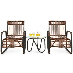 XVX Three-Piece Wicker Patio Set, Two Wide Armchairs and Glass Side Table with Adjustable Feet