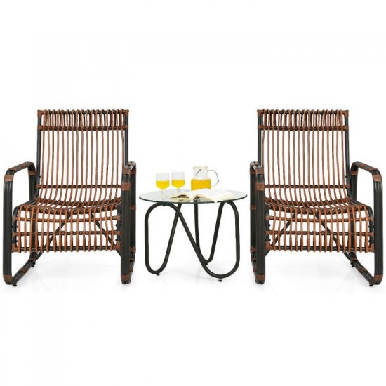Honhorrs Three-Piece Wicker Patio Set, Two Wide Armchairs and Glass Side Table with Adjustable Feet