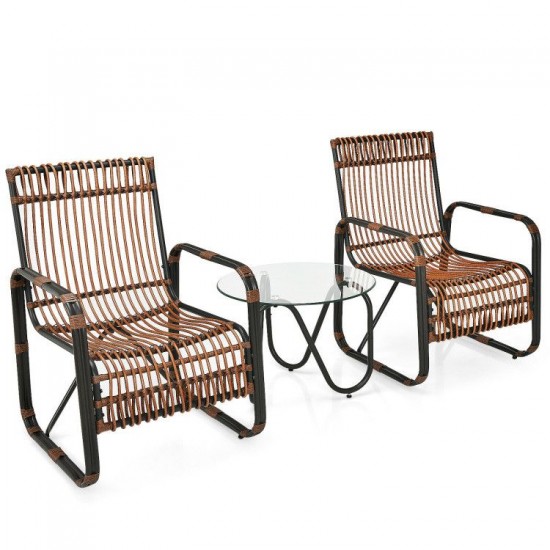 Honhorrs Three-Piece Wicker Patio Set, Two Wide Armchairs and Glass Side Table with Adjustable Feet