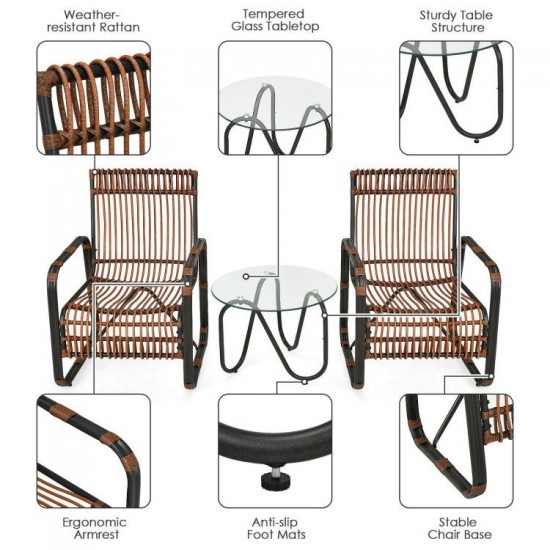 Honhorrs Three-Piece Wicker Patio Set, Two Wide Armchairs and Glass Side Table with Adjustable Feet