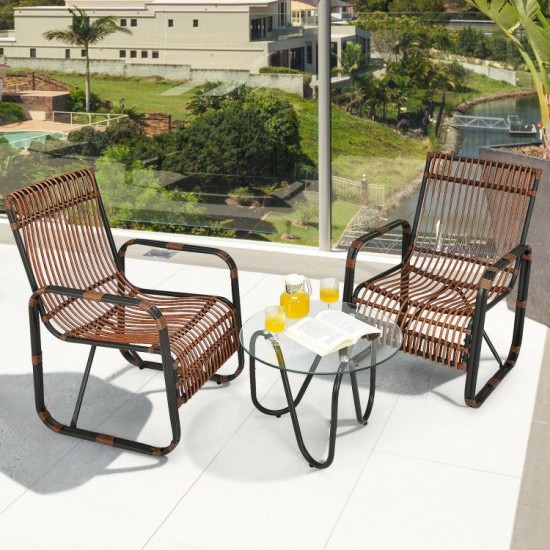 Honhorrs Three-Piece Wicker Patio Set, Two Wide Armchairs and Glass Side Table with Adjustable Feet