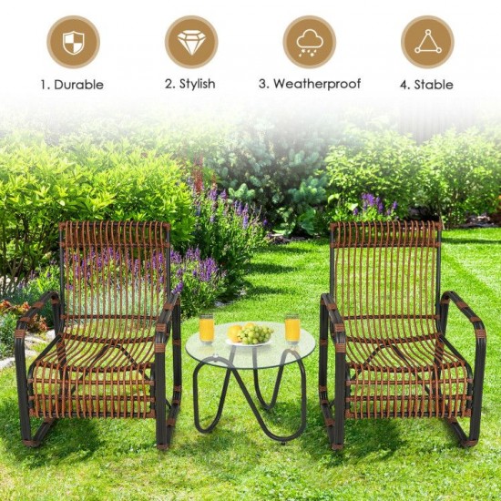Honhorrs Three-Piece Wicker Patio Set, Two Wide Armchairs and Glass Side Table with Adjustable Feet